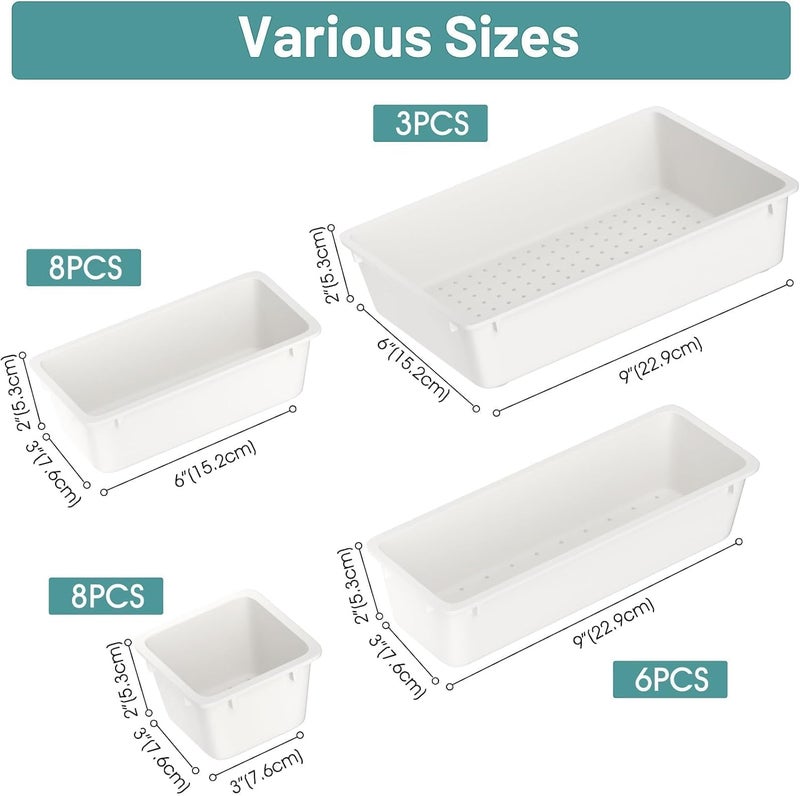 WOWBOX 25 PCS Plastic Drawer Organizer Set, 4 Sizes Desk Drawer Divider Organizers and Storage Bins for Makeup, Jewelry, Gadgets for Kitchen, Bedroom, Bathroom, Office, White - Image 2